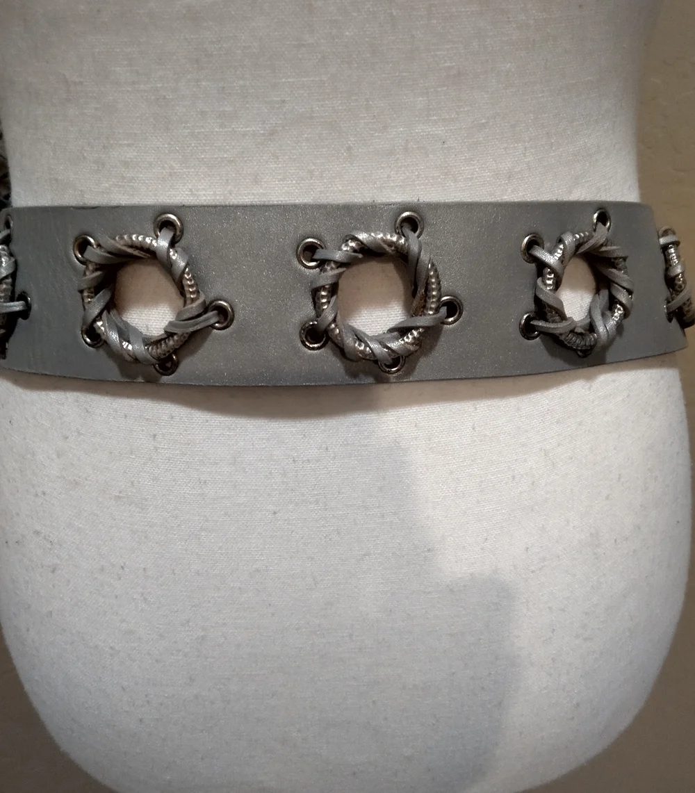 Chico's Wide Silver Belt with Circle Details and Metal Oval Hook Buckle